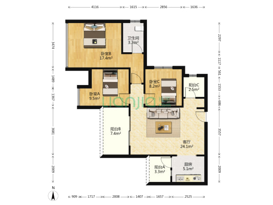 江上城嘉晟华府 3室1厅1卫 98平方