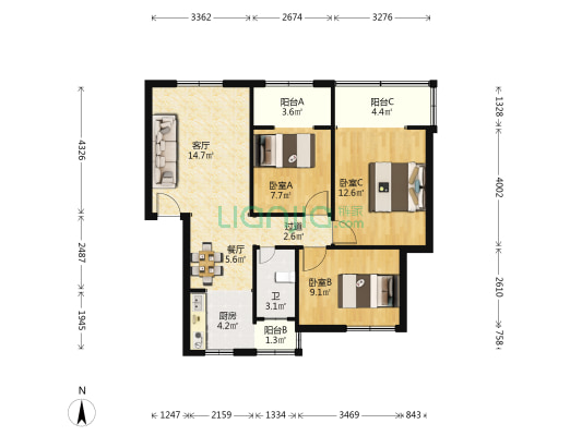 鹿鹤小区 3室2厅1卫 90平方