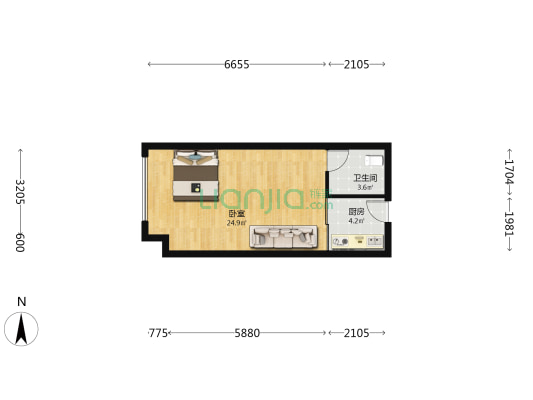 所属桃园商圈的金街公寓 一居室 高楼层-户型图