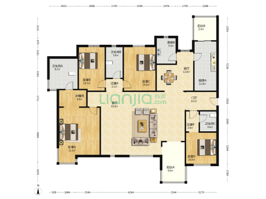 富力津门湖棕榈花园 4室2厅3卫 241平方
