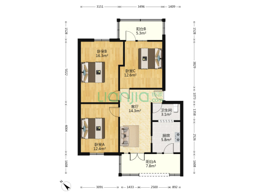 大福建营巷19号 3室1厅1卫 83平方