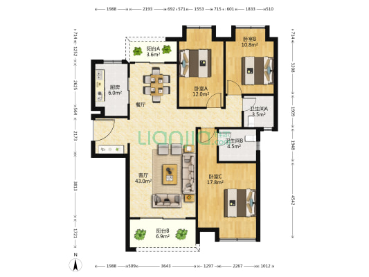 华鸿水云四季 3室1厅2卫 133平方