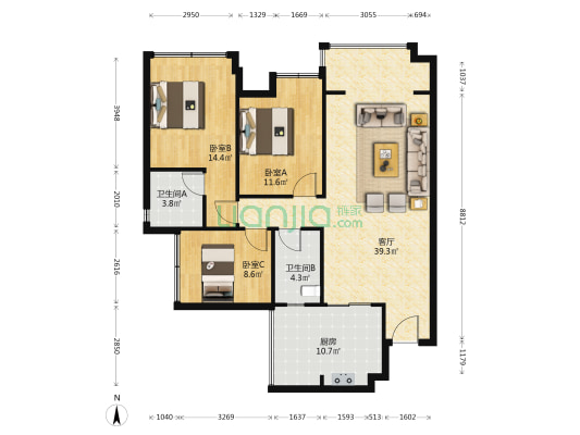 中瑞天悦天玺 3室1厅2卫 109平方