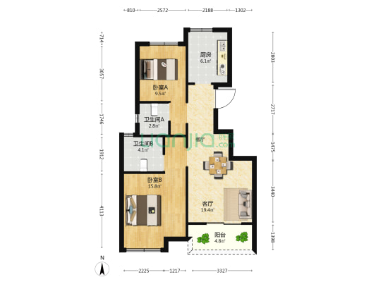 墙里花苑 2室1厅2卫 83平方