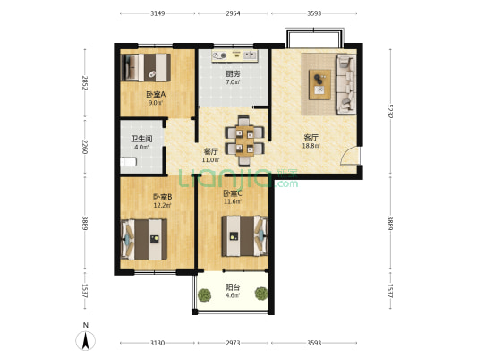 度假村小区 3室2厅1卫 107平方