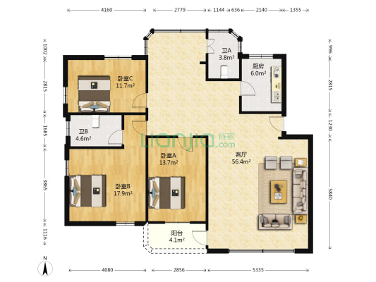 商业北街6号 3室1厅2卫 131平方