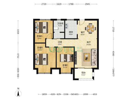 当代嘉宝公园悦MOMΛ 3室2厅1卫 98平方