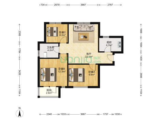 军华园 3室1厅1卫 92平方