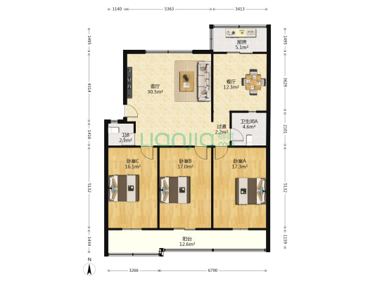 工商小区 3室2厅2卫 140平方
