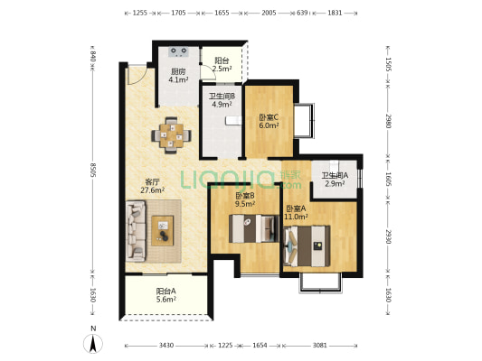 书香里 3室1厅2卫 94平方