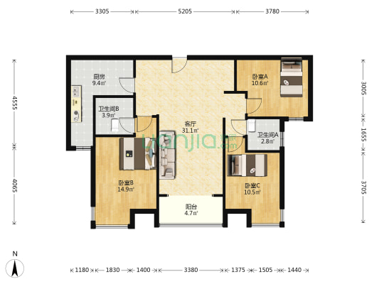 金品时代 3室2厅 南-户型图