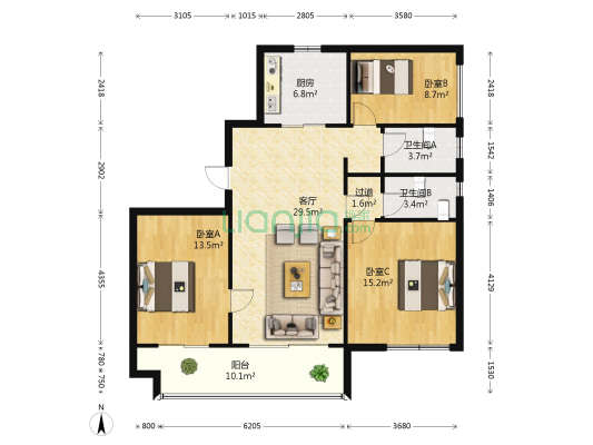卓越万科新都会 3室1厅2卫 120平方