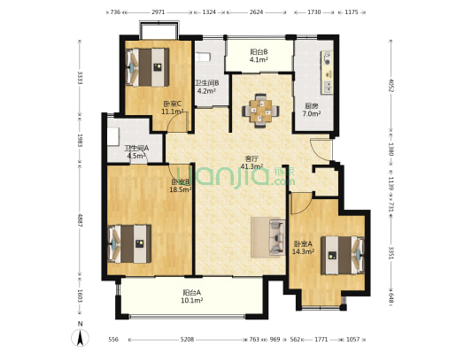 汇航御园 3室1厅2卫 130平方