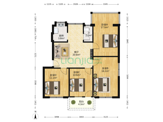 南宁石油分公司生活区 4室1厅1卫 97平方