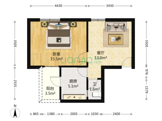 新财神殿前 1室1厅1卫 46平方
