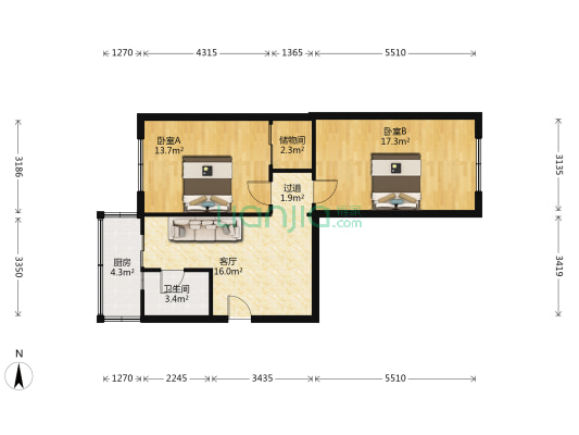 来福西里 2室1厅1卫 60平方