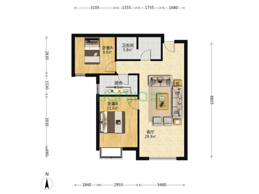 北京通勤必选 南向正规2居室 毛坯可以随心装修 中楼层-户型图