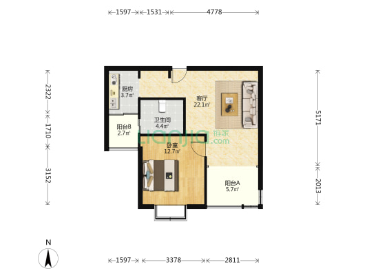 中星嘉莱苑 1室1厅1卫 58平方