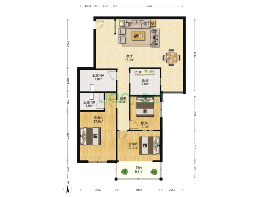 广苑大厦 3室1厅2卫 147平方