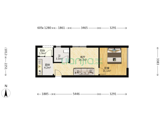 轻轨站旁 住家中装一室一厅 楼下即公交，农贸市场-户型图