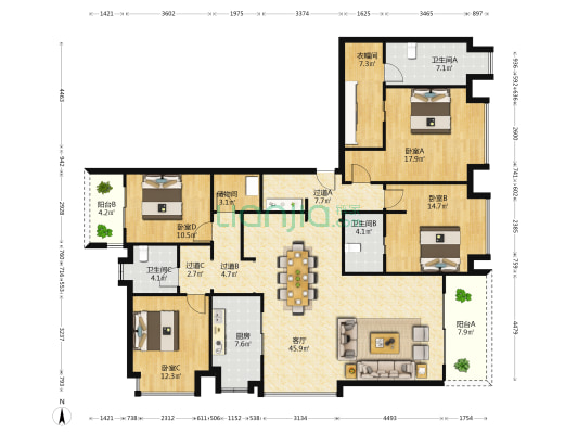 中信泰富金融城九庐三期 4室1厅3卫 220平方