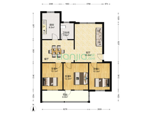 东西大街中段南侧 3室1厅1卫 105平方