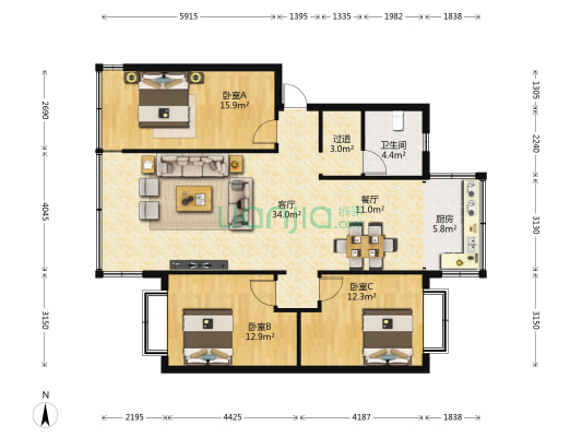 羊仙坡北路61号 3室2厅1卫 98平方