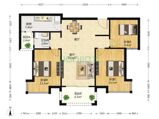万达文化旅游城N3区 3室1厅1卫 111平方