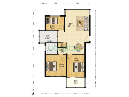 金庭家园 3室1厅1卫 100平方