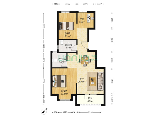 远洋世界三期水岸一方 3室1厅2卫 91平方
