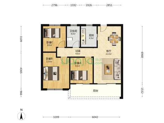 金茂悦 3室1厅1卫 98平方
