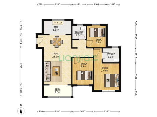 绿地新里城五区 3室1厅2卫 113平方