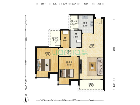 盛凯宇逸江澜 2室1厅1卫 82平方