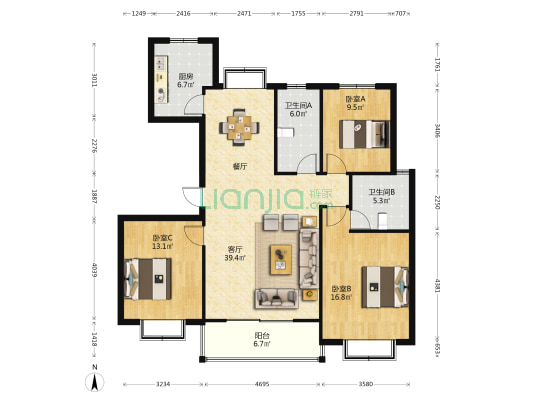 滨江华都 3室1厅2卫 139平方