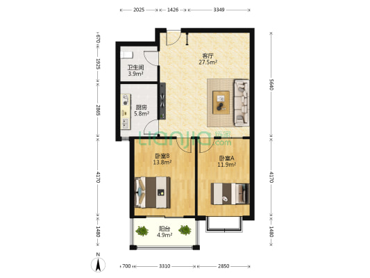 后栾花园 2室1厅1卫 91平方
