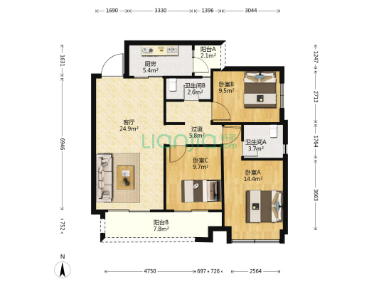东原嘉阅湾风华著B区 3室1厅2卫 104平方