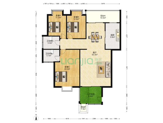 润园 3室1厅2卫 152平方