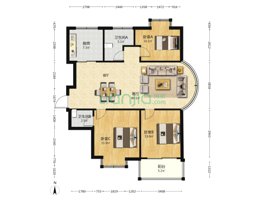 尚锦花园北区 3室1厅2卫 127平方