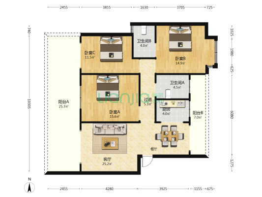金荷嘉园 3室1厅2卫 109平方