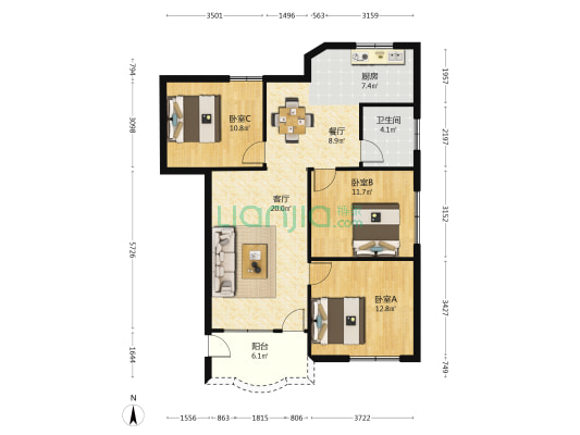 甘草塘街 3室2厅1卫 100平方