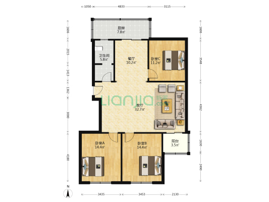 亲凤苑北区 3室2厅1卫 122平方