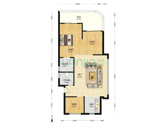 众安大家未来社区 3室1厅2卫 111平方
