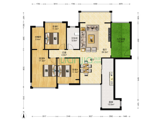未来方舟E3组团 3室1厅1卫 125平方