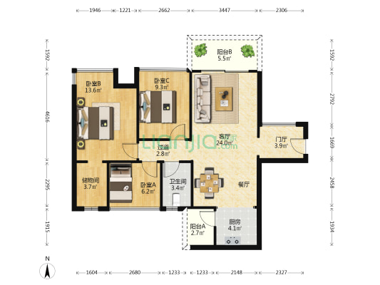 红日江山 3室1厅1卫 89平方