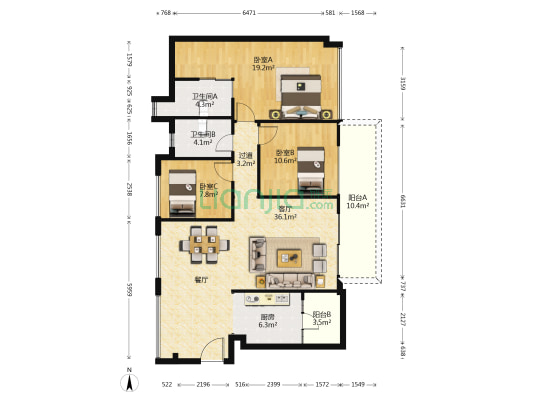 富湾国际 3室1厅2卫 121平方