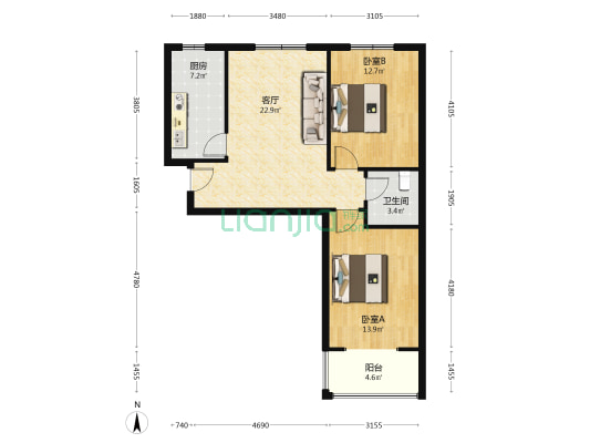 天保郦景精装修两居，南北通透户型-户型图