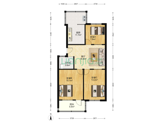 法院宿舍 3室1厅1卫 82平方