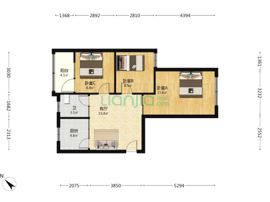 畔海花园 3室1厅1卫 76平方