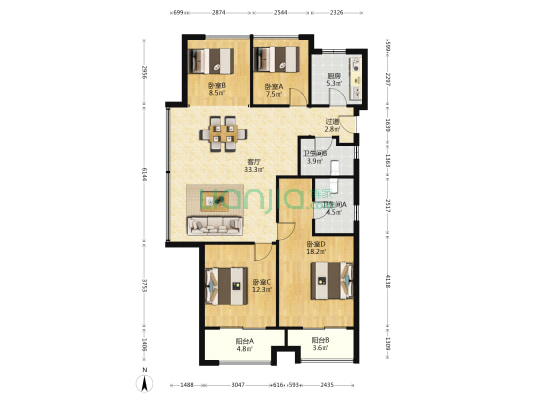 滨江万家花城 4室1厅2卫 121平方