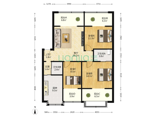 临江路60号 3室1厅2卫 95平方